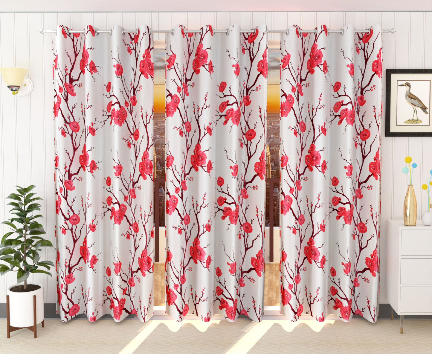 Red Floral Print Curtains
