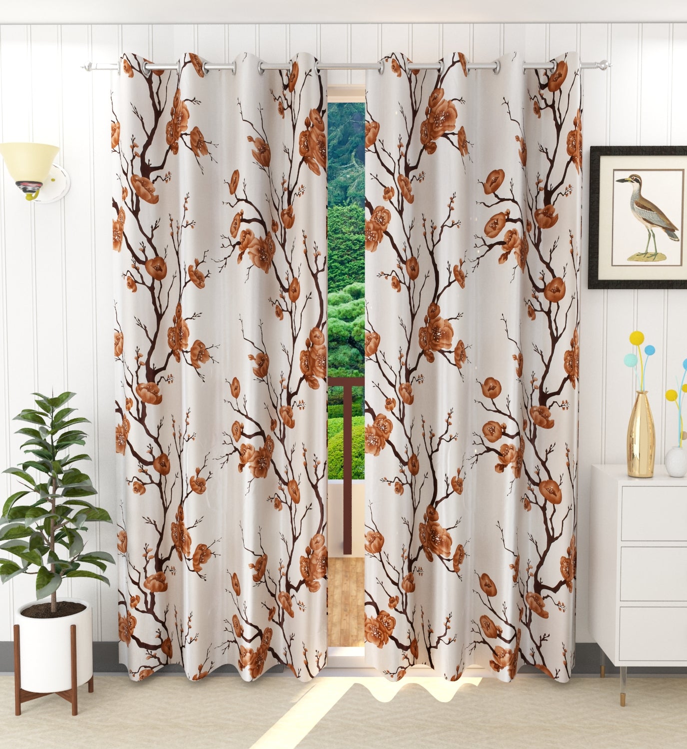 Brown Floral Print Curtains