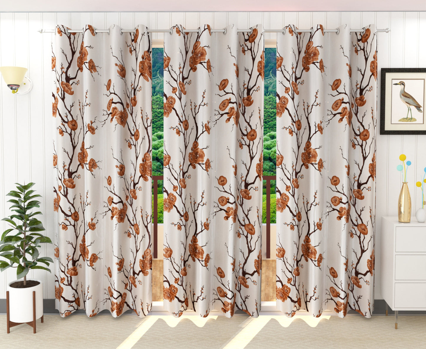 Brown Floral Print Curtains