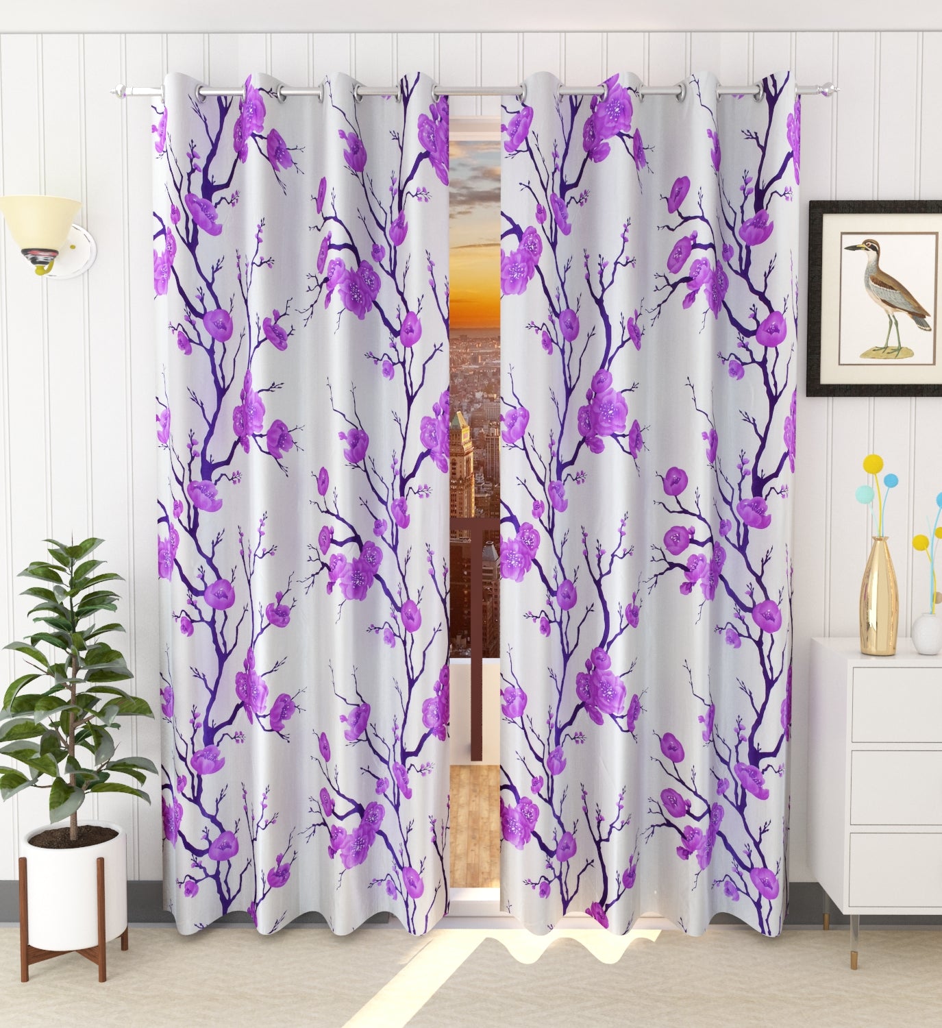 Purple Floral Print Curtains