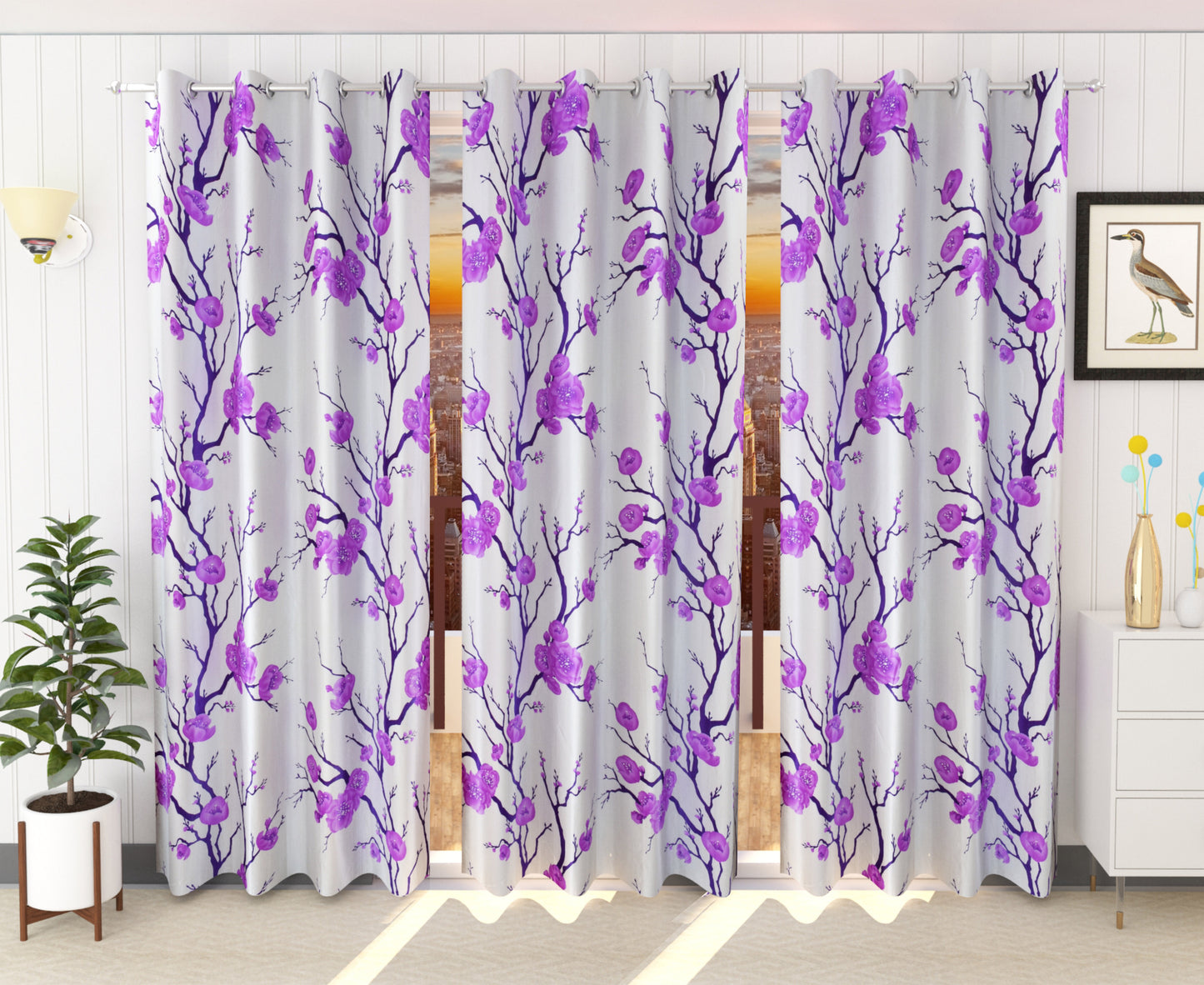 Purple Floral Print Curtains