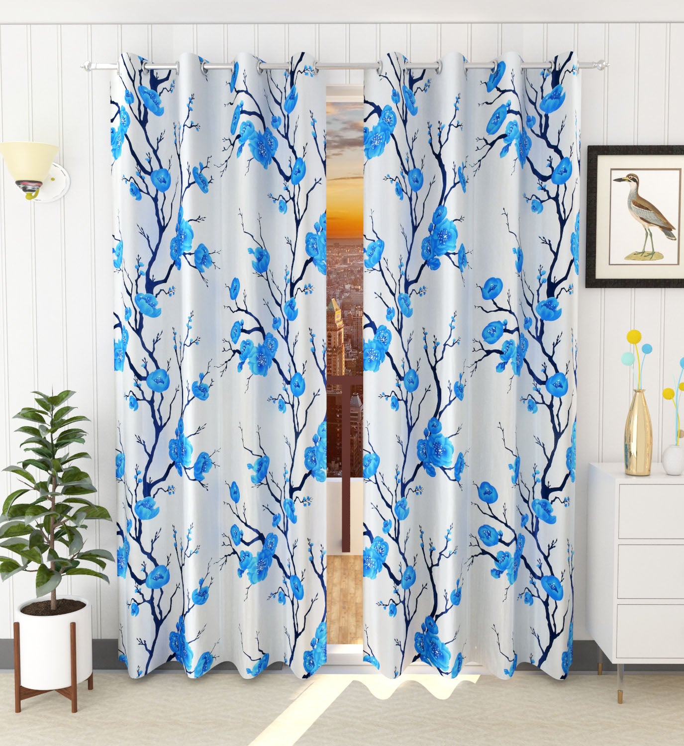 Blue Floral Print Curtains