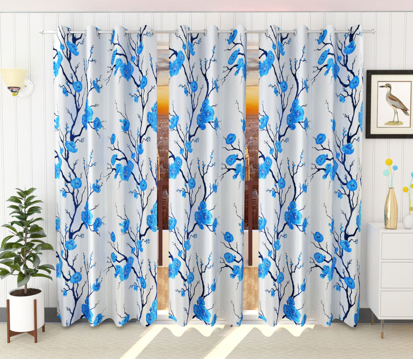 Blue Floral Print Curtains