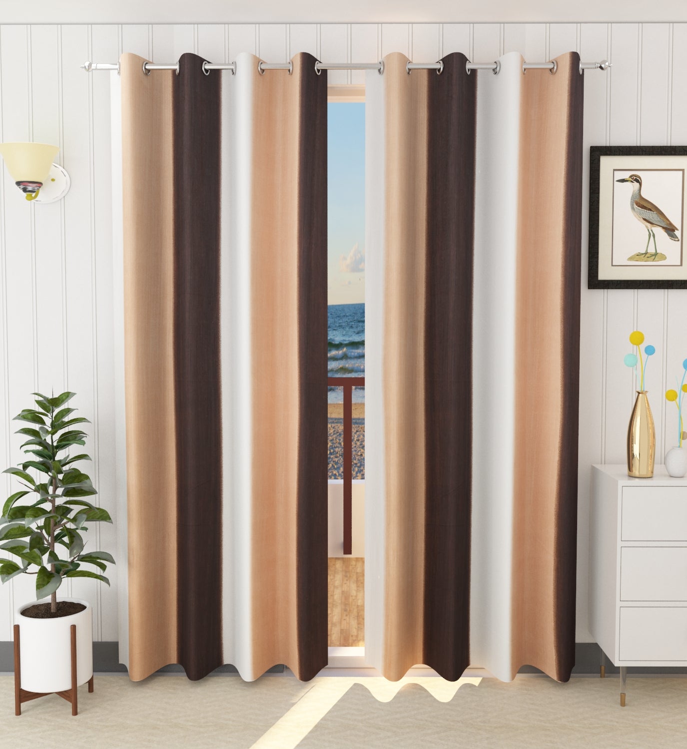 Beige & Brown Crushed Plain Curtains