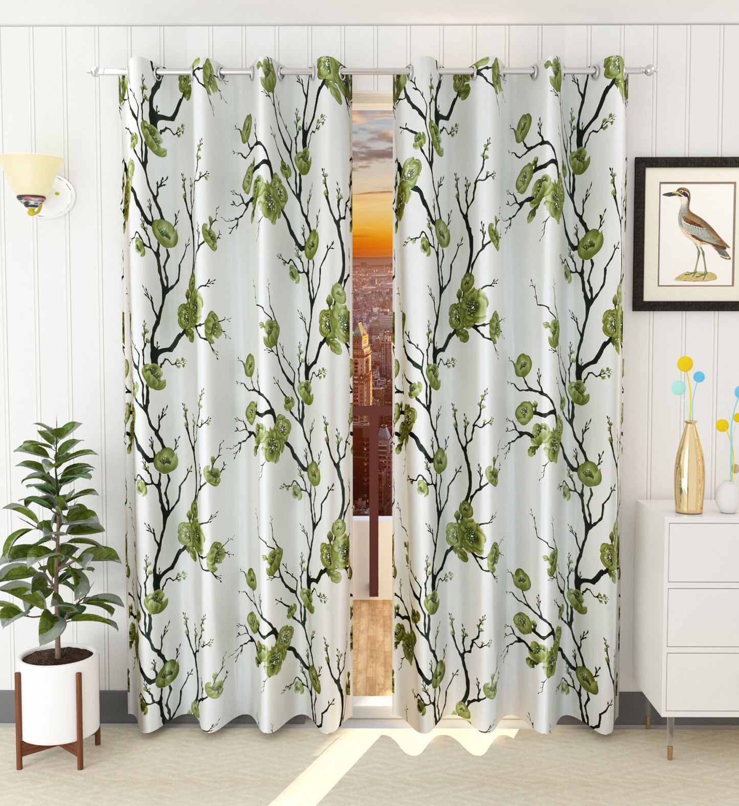 Green Floral Print Curtains