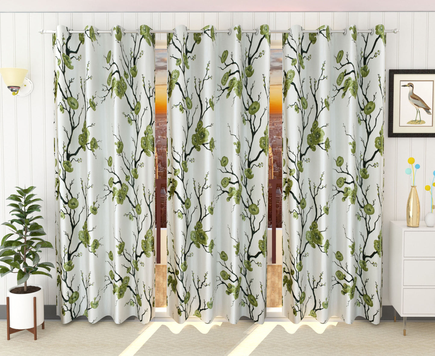 Green Floral Print Curtains