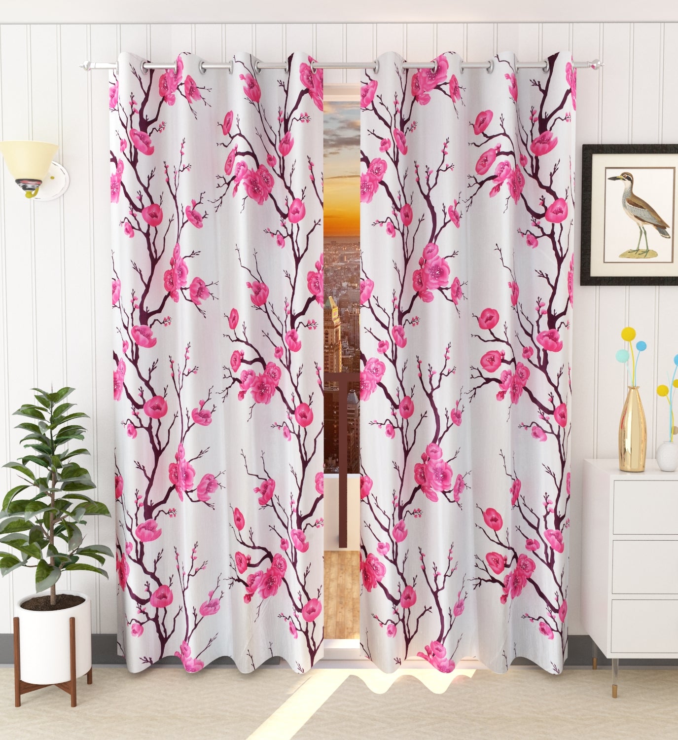 Pink Floral Print Curtains