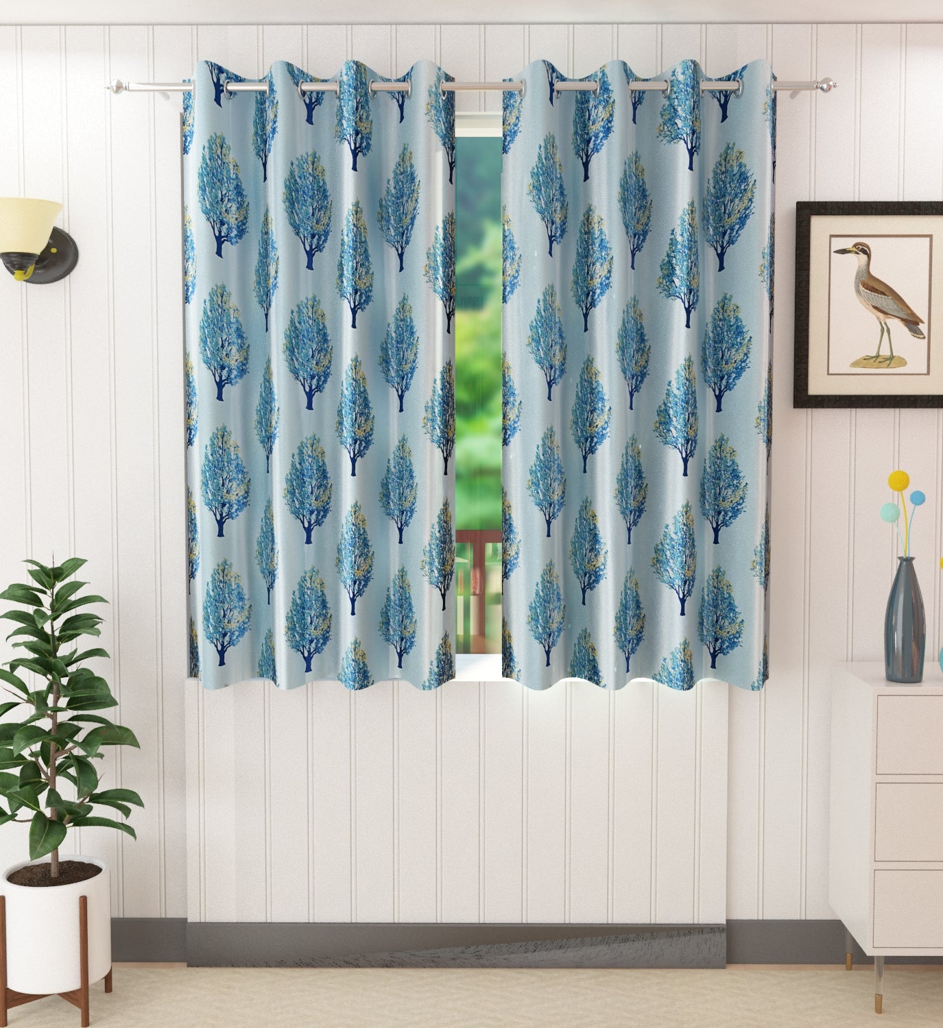 Modern Blue Tree-Design Curtains
