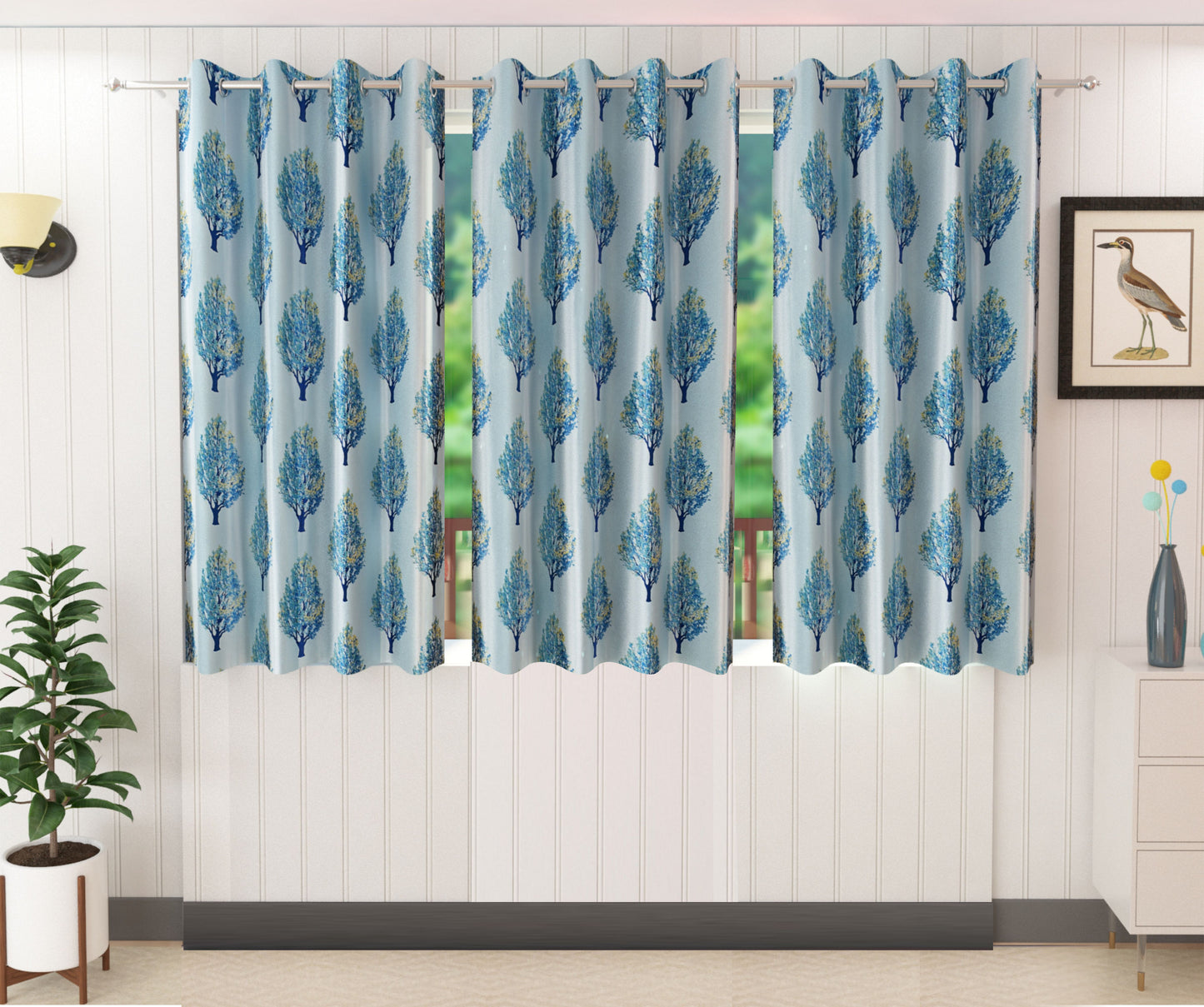 Modern Blue Tree-Design Curtains