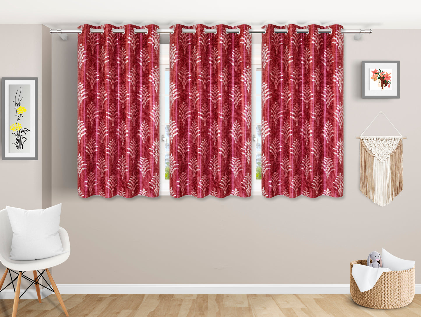 Luxury Maroon Leaf-Patterned Curtains