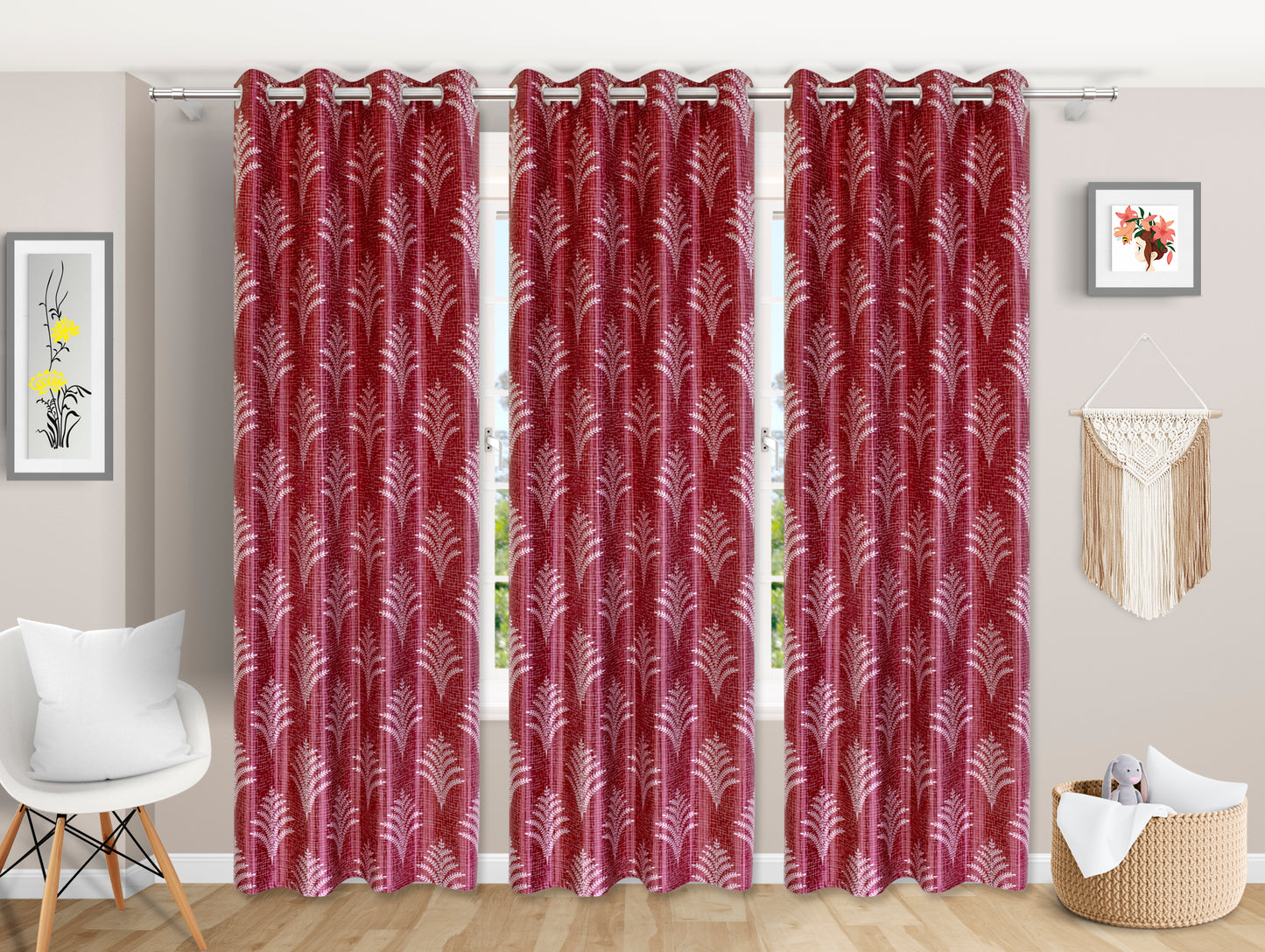 Luxury Maroon Leaf-Patterned Curtains