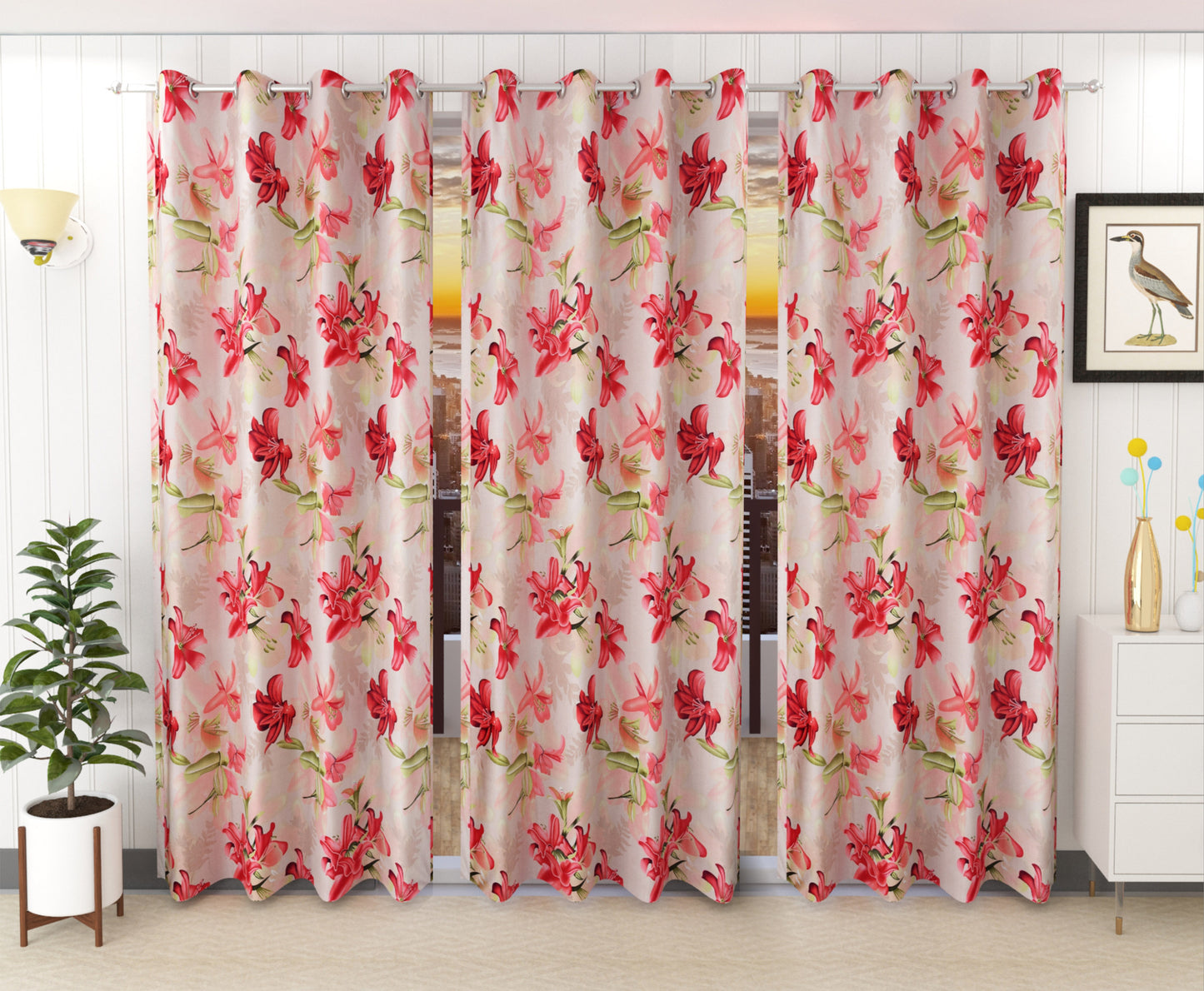 Vibrant Red Tree Pattern Curtains