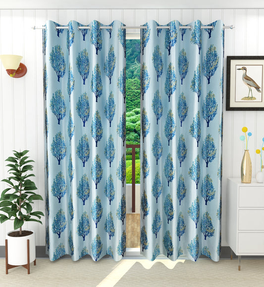 Modern Blue Tree-Design Curtains