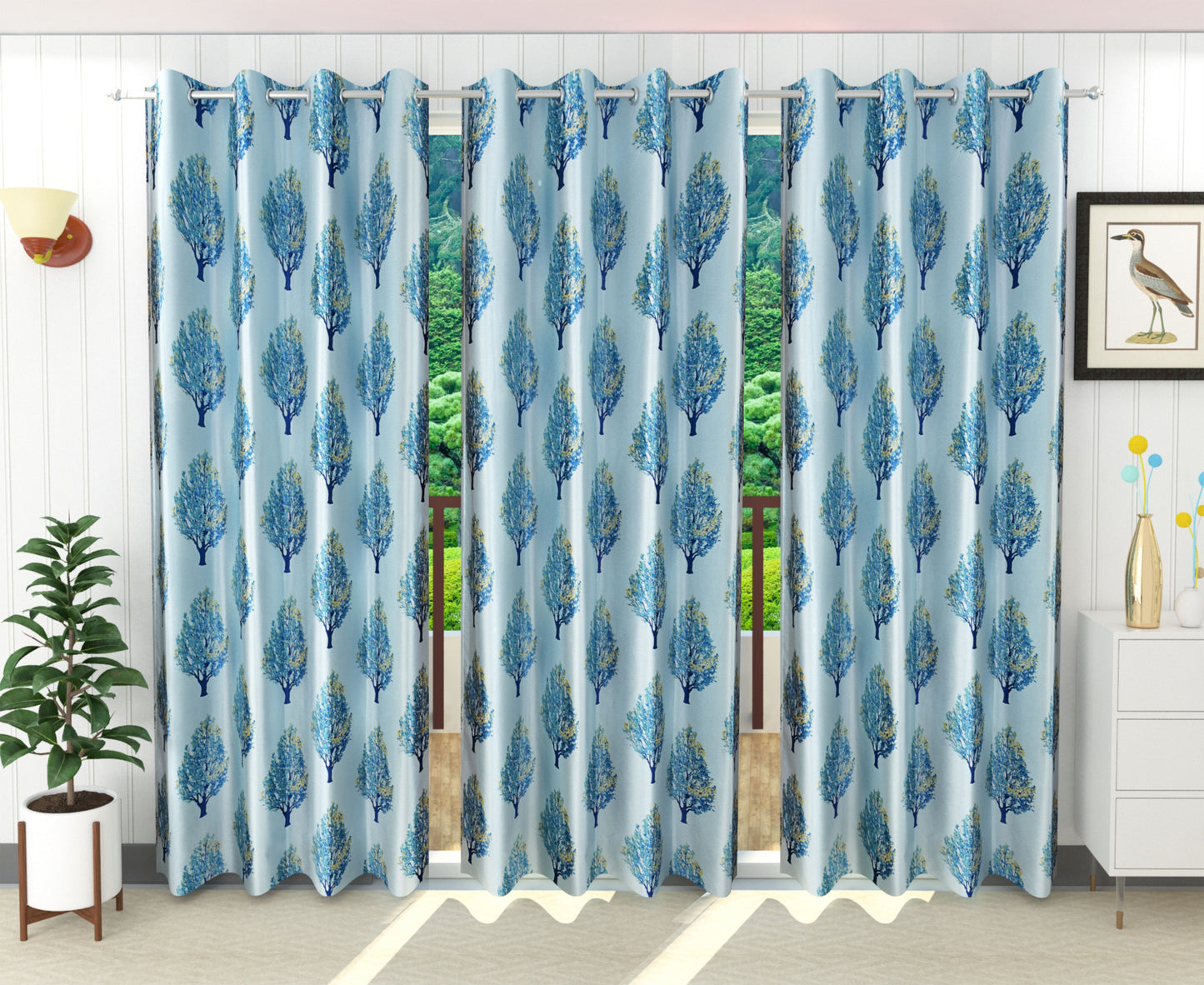 Modern Blue Tree-Design Curtains