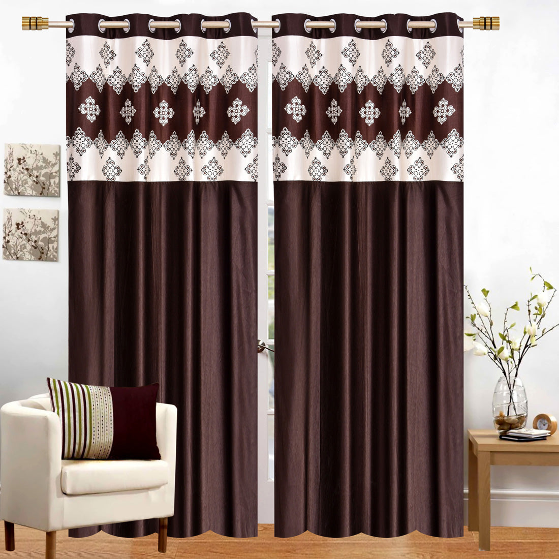 Brown Damask Patch Design Curtains