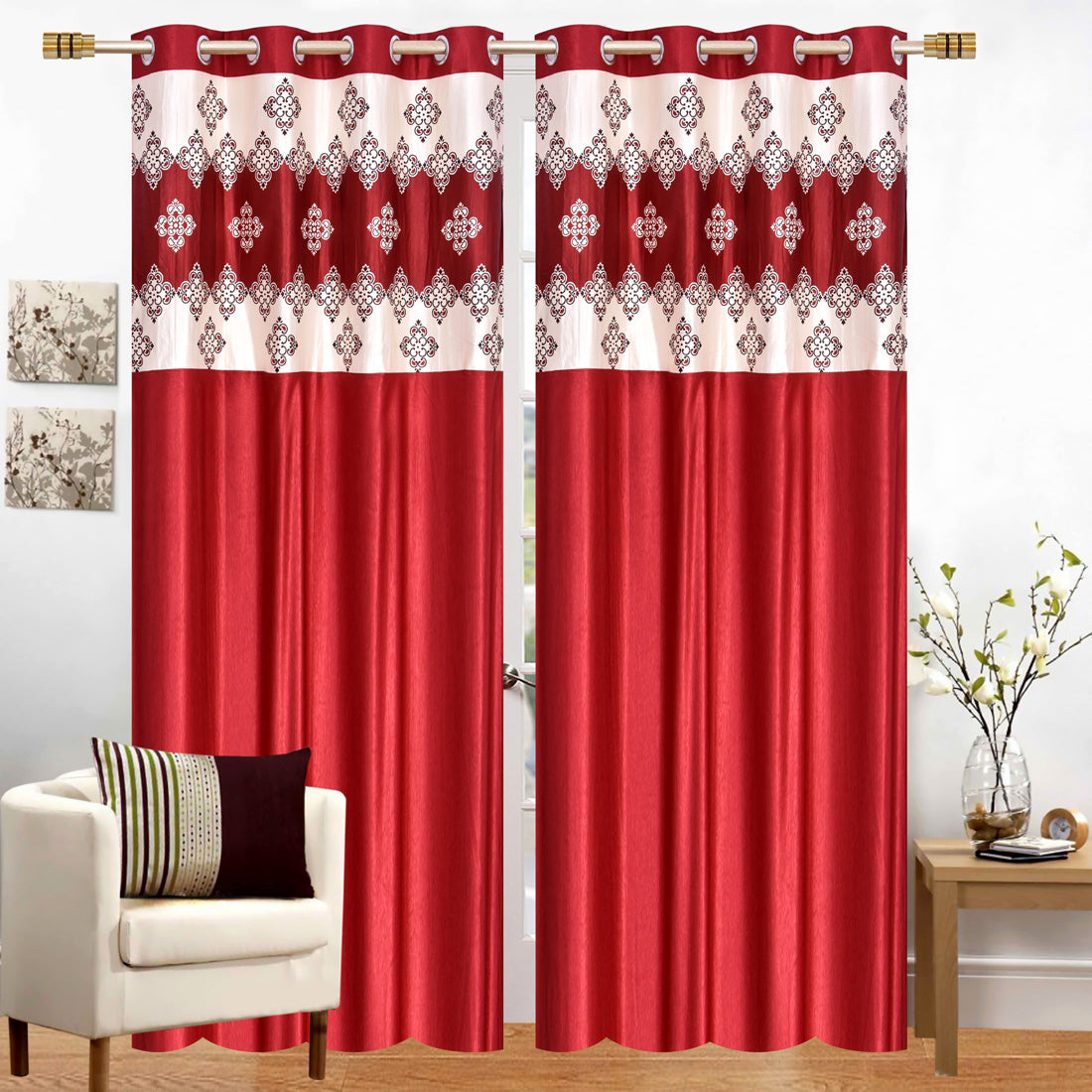 Maroon Damask Patch Design Curtains