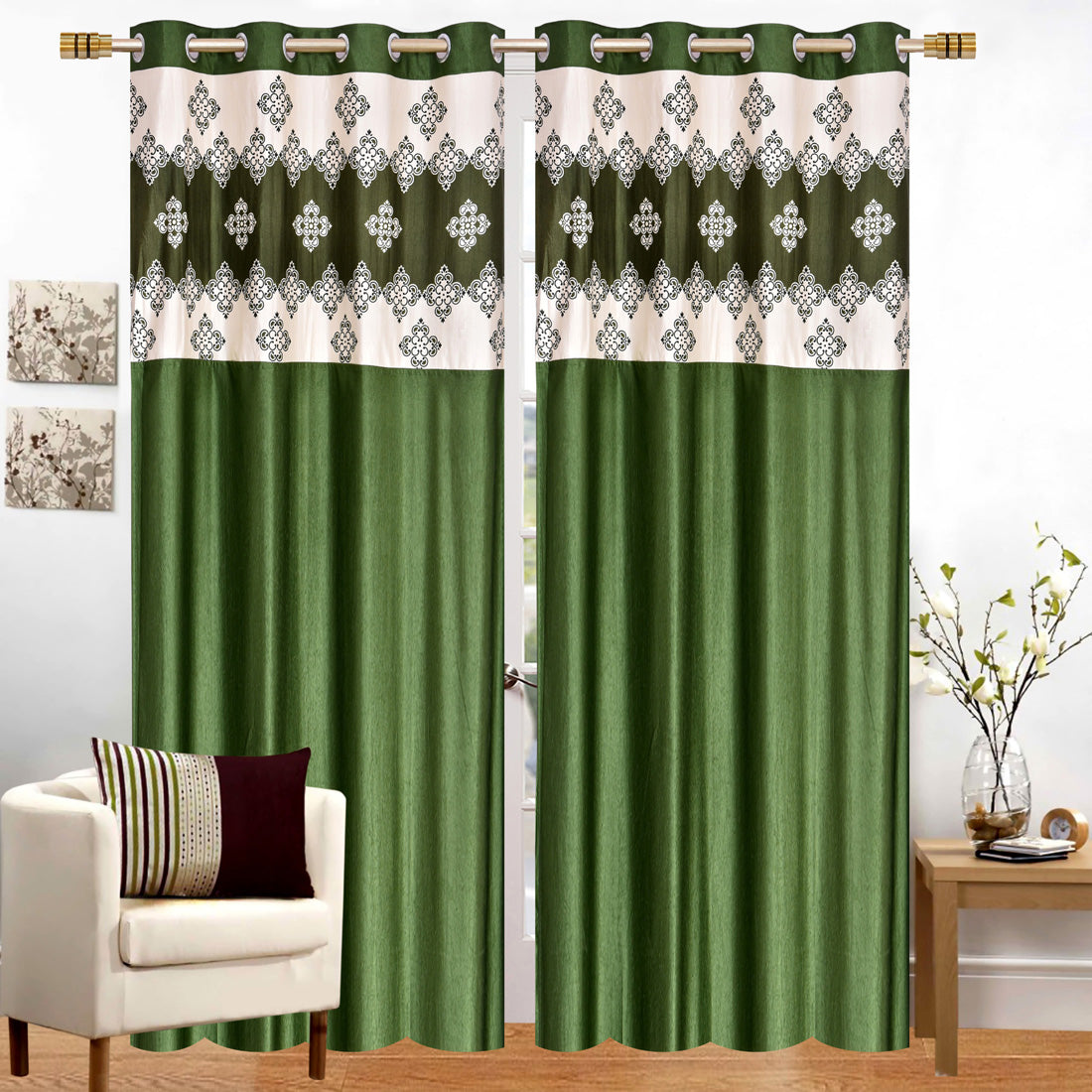 Green Damask Patch Design Curtains