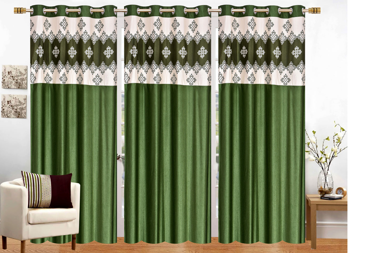 Green Damask Patch Design Curtains