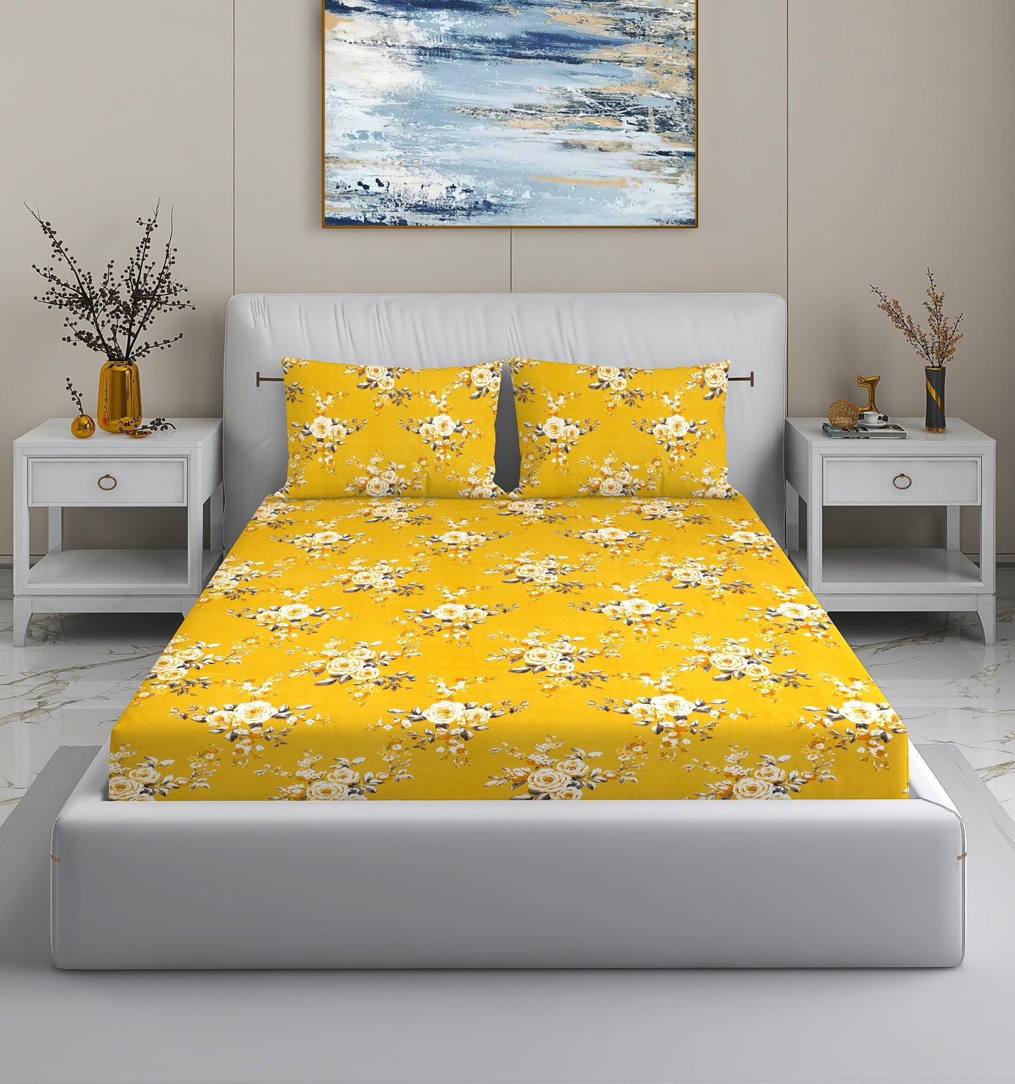 King Size Yellow Floral Bedsheet Set