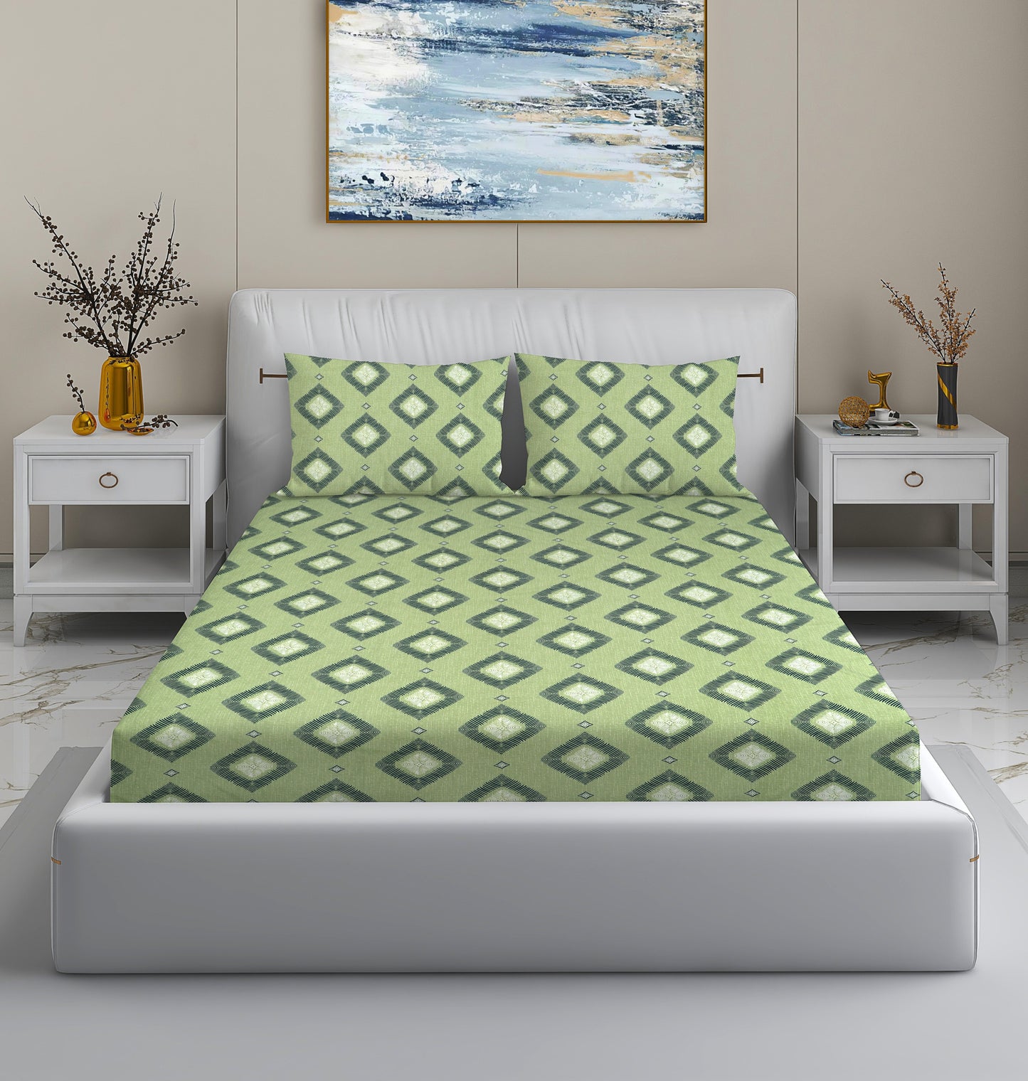Green Diamond Print King Size Bedsheet