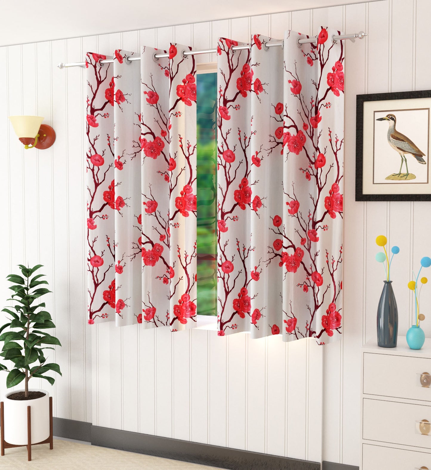 Red Floral Print Curtains