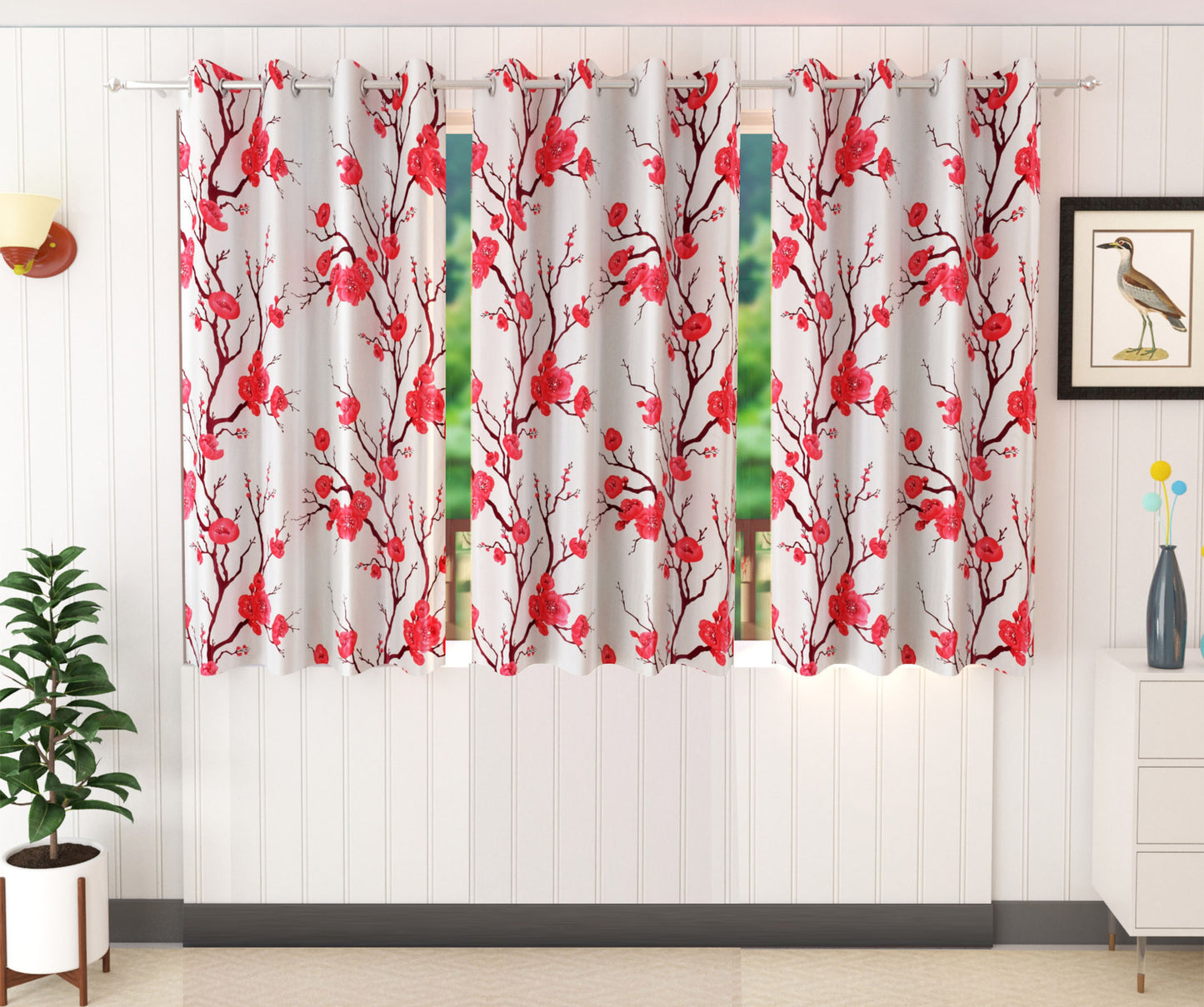 Red Floral Print Curtains